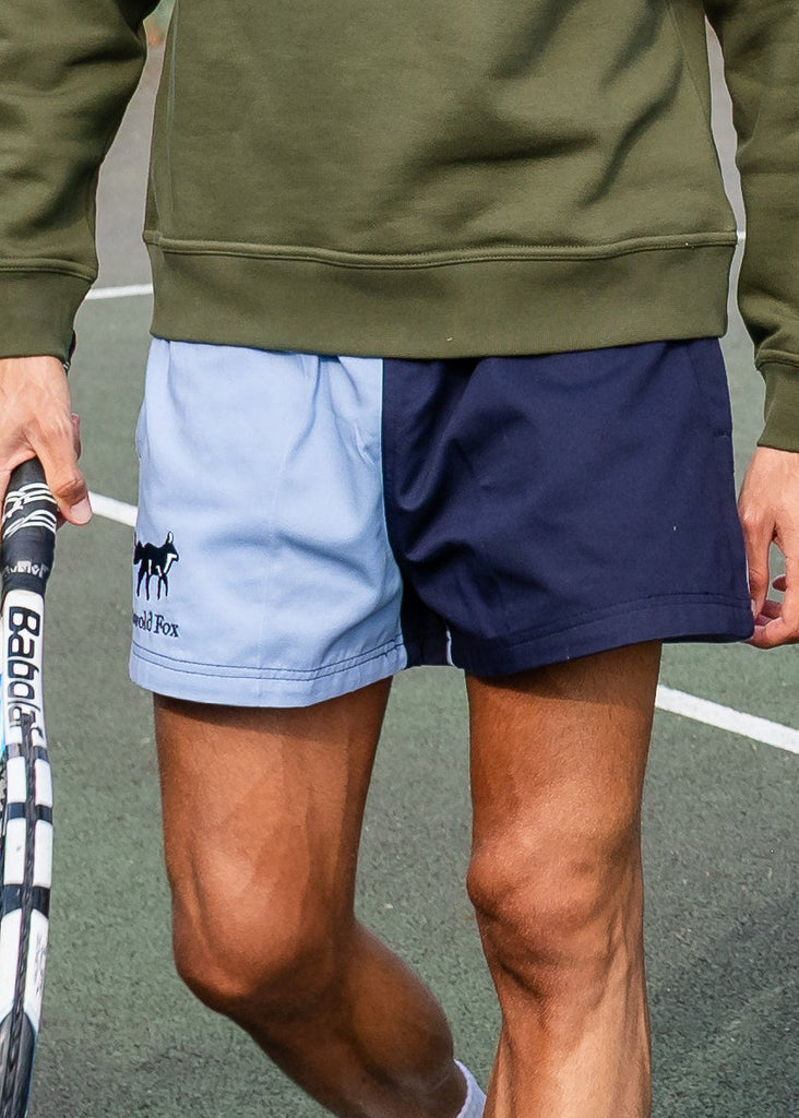 Cotswold Fox, cornflower blue and navy blue rugby harlequin unisex shorts. 