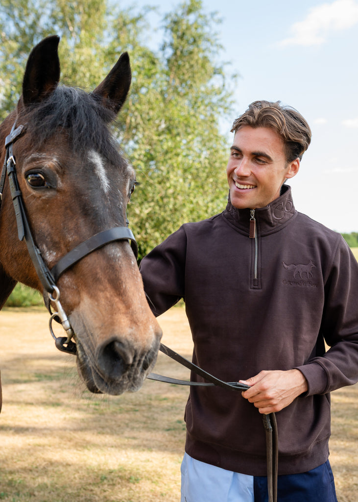 Cotswold Fox, chocolate brown fleece quarter zip cotton jumper for men and women. 