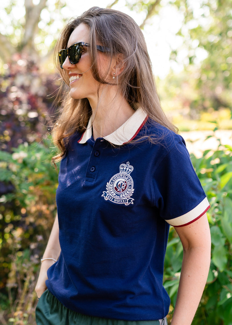 Cotswold Fox 100% organic cotton Heritage polo top. Navy blue unisex polo top with  white collar and embroidered emblem.