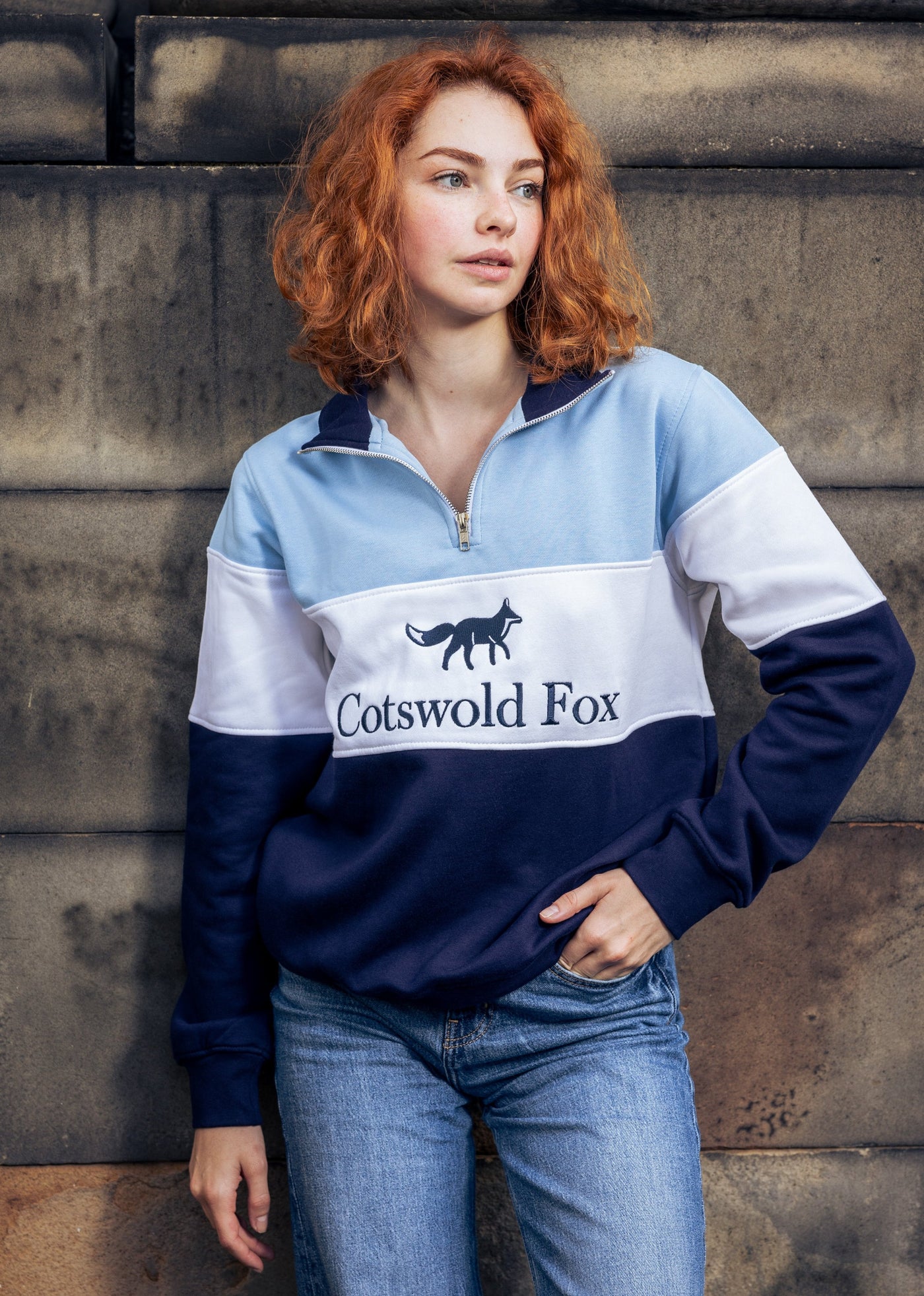 quality cotton cornflower, white and navy quarter zip fleece for men and women