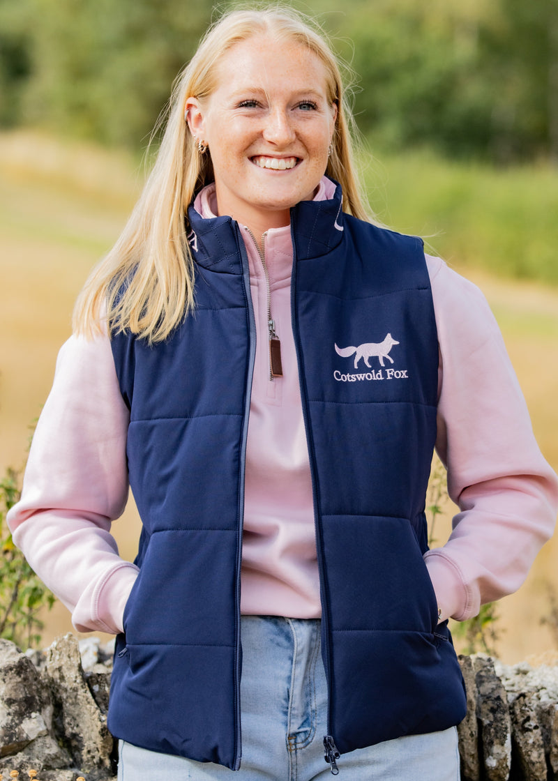 navy blue waterproof puffer gilet bomber style ladies insulated winter jacket