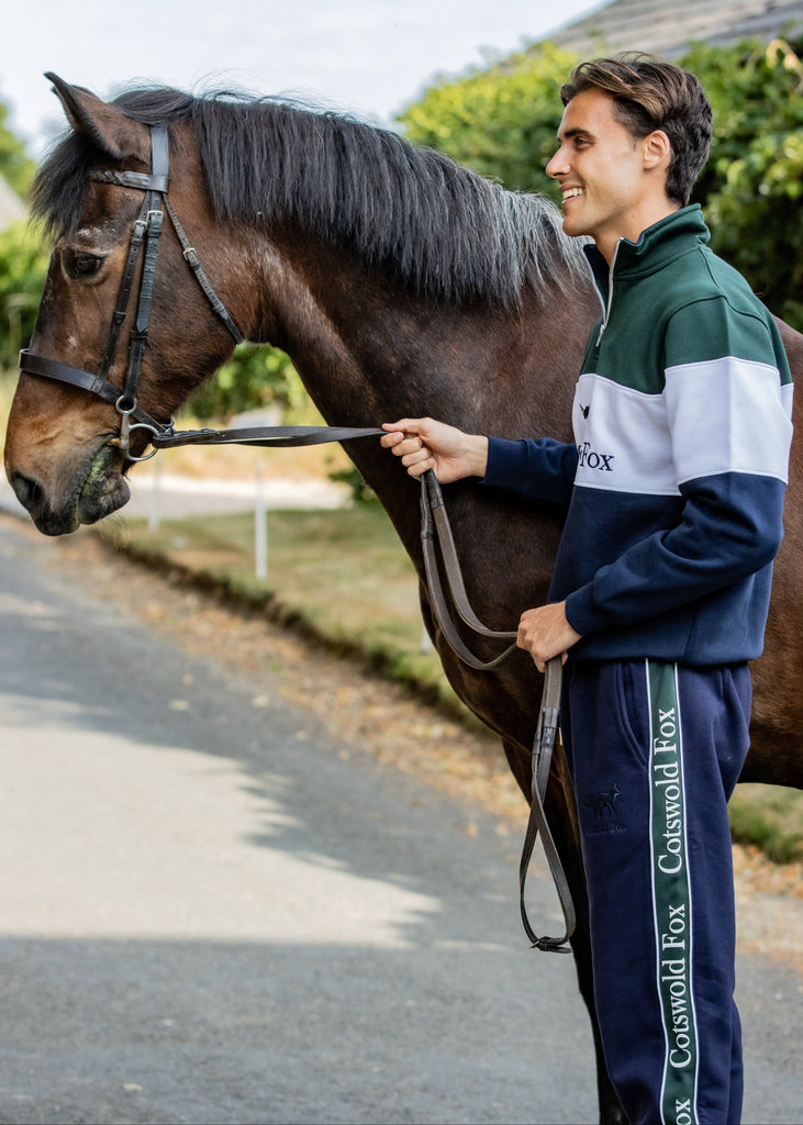 cotton men's and women's navy and green premium jogging bottoms, cuffed ankles. 