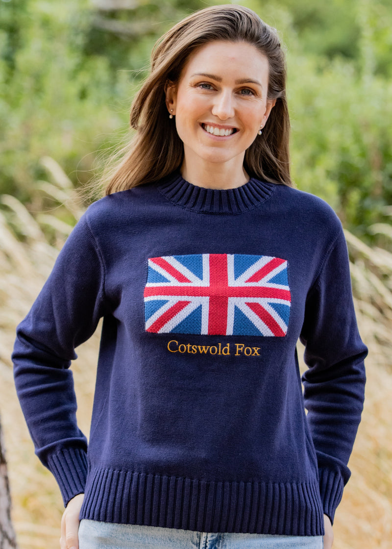 100% COTTON navy knitted union jack british flag ladies jumper by Cotswold Fox