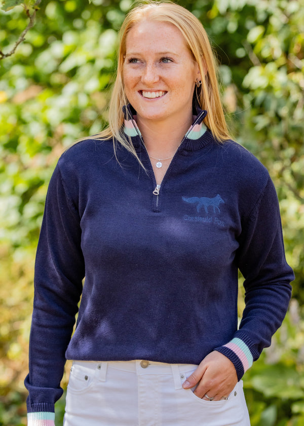 navy blue knitted cotton quarter zip ladies jumper