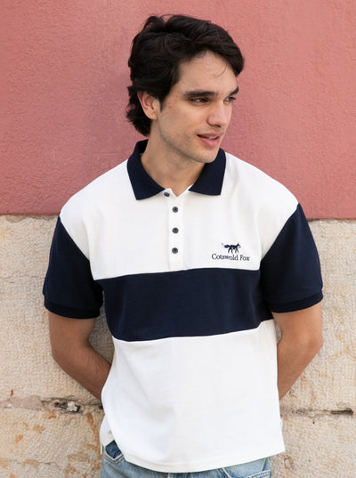 white with a navy stripe pique cotton slim fit polo shirt for men and women