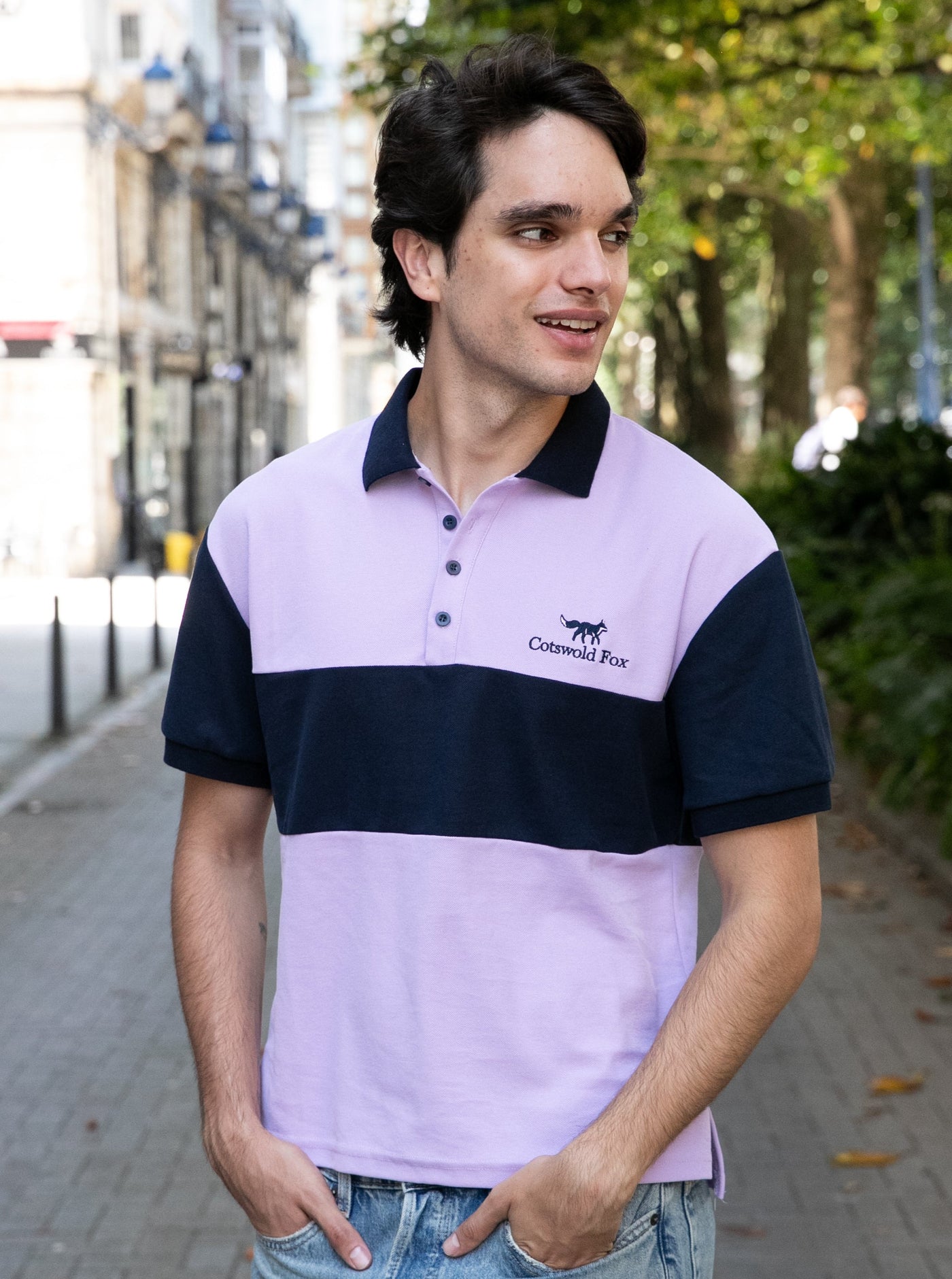 lilac with a navy stripe pique cotton slim fit polo shirt for men and women