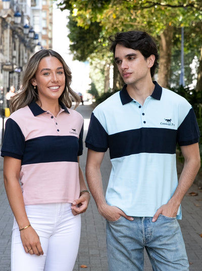 cornflower blue with a navy stripe pique cotton slim fit polo shirt for men and women