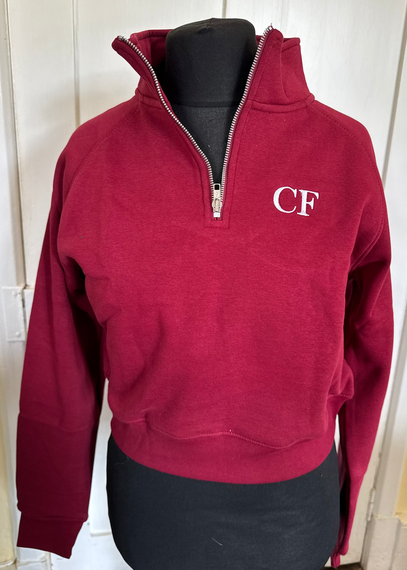 Sample: Cropped Quarter Zip - Burgundy. Small