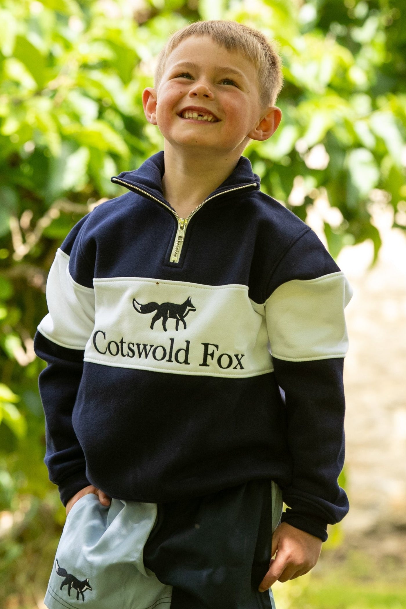 Navy and white colour block children's quarter zip jumper