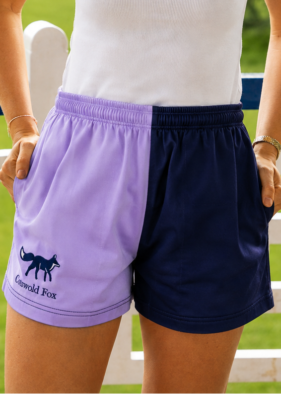 Cotswold Fox, lilac purple and navy blue cotton rugby harlequin shorts for men and women. 
