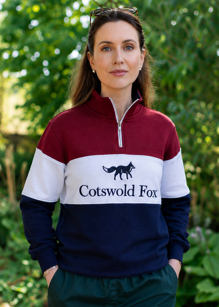 Cotswold Fox, burgundy, white, navy blue, fleece quarter zip cotton jumper for men and women. 