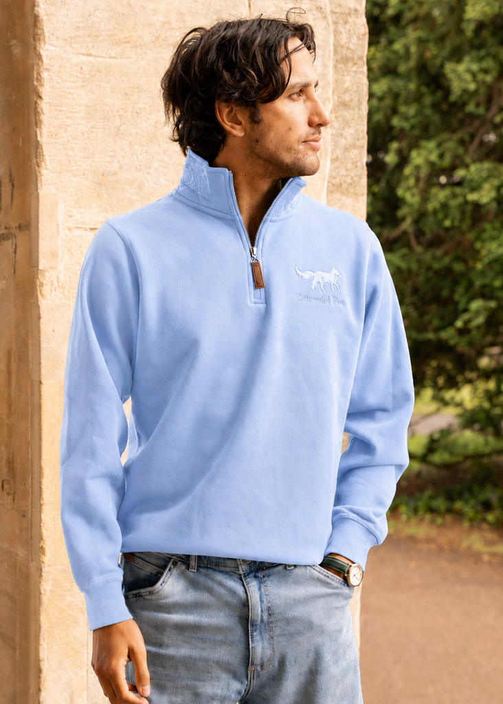 Cotswold Fox, cornflower blue cotton quarter zip jumper for men and women.