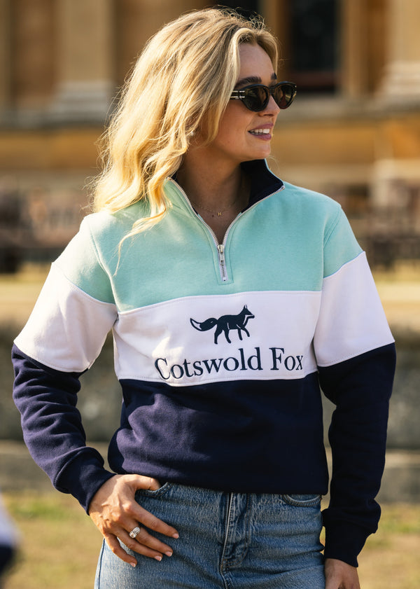 Cotswold Fox, mint green, white, navy blue, fleece quarter zip cotton jumper for men and women. 
