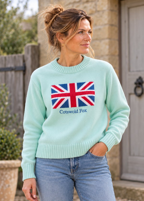 100% COTTON mint knitted union jack british flag ladies jumper by Cotswold Fox