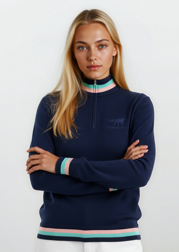navy, mint and pink knitted cotton quarter zip jumper for men and women