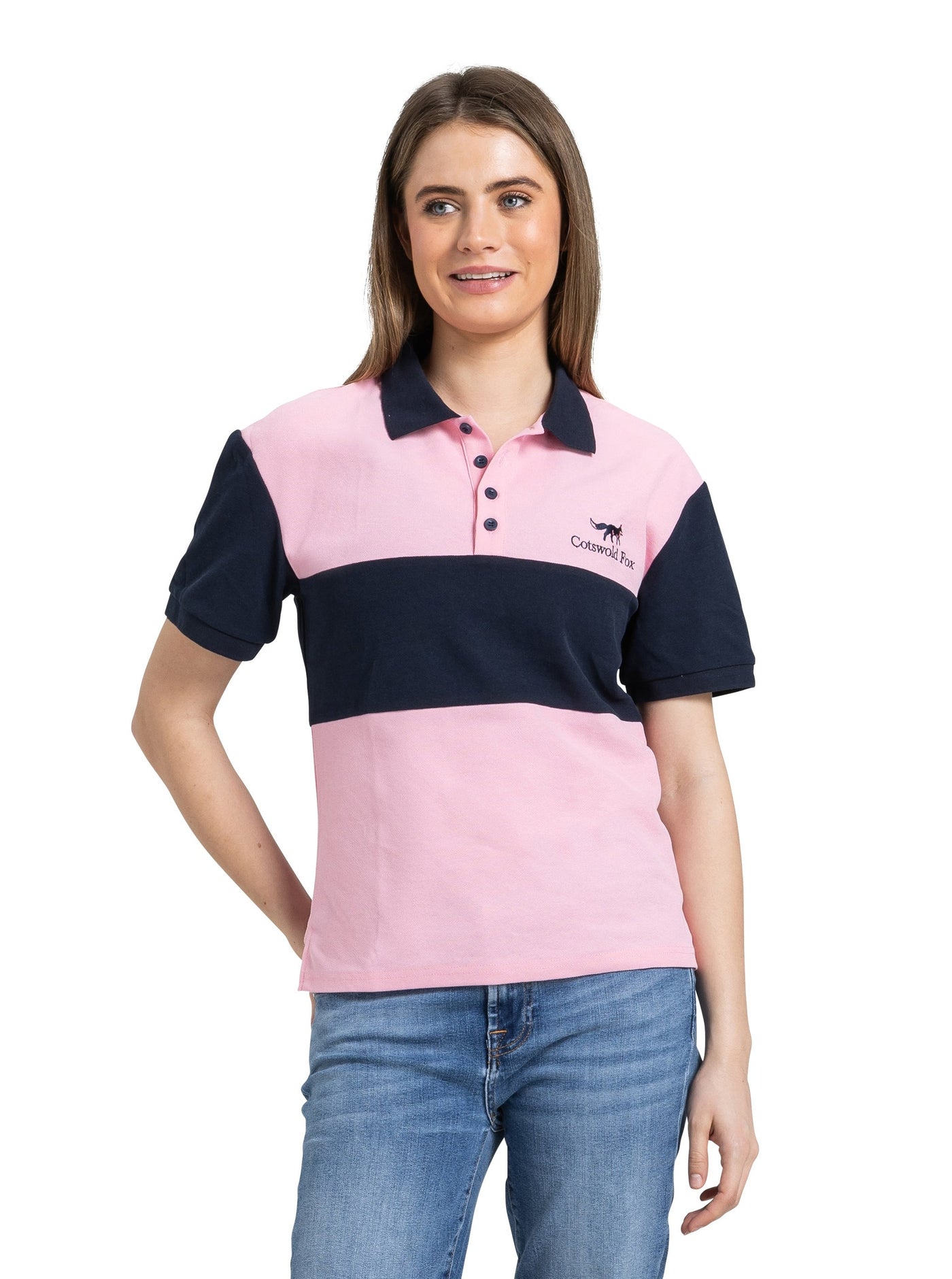 pink with a navy stripe pique cotton slim fit polo shirt for men and women