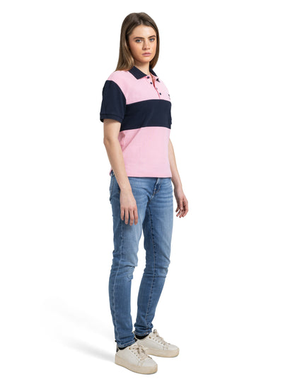 pink with a navy stripe pique cotton slim fit polo shirt for men and women