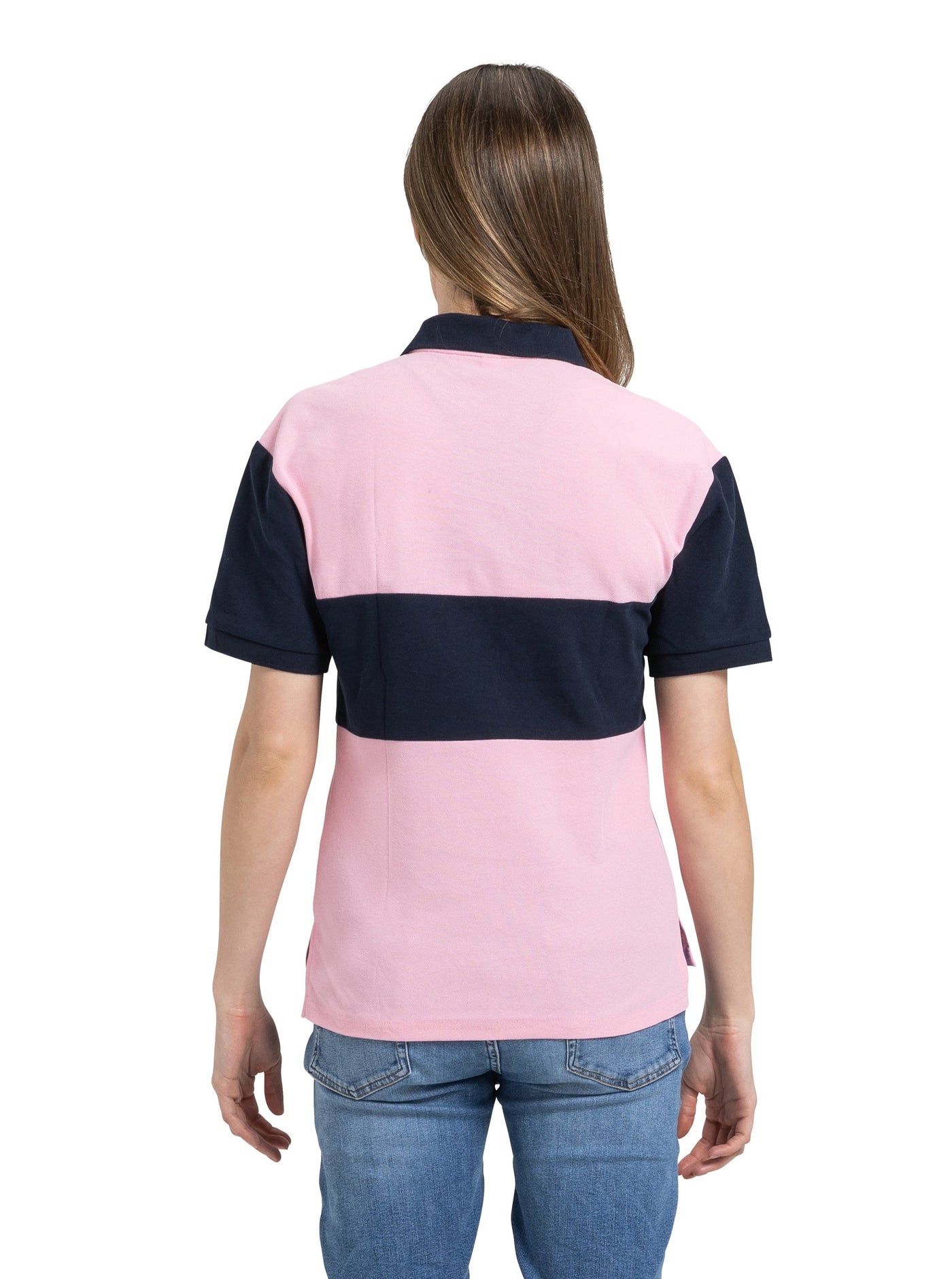 pink with a navy stripe pique cotton slim fit polo shirt for men and women