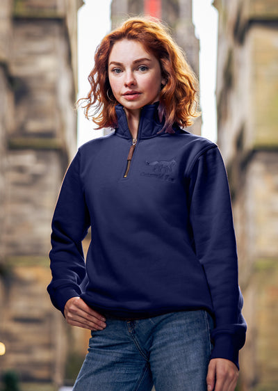 Men's and women's navy premium cotton quarter zip fleece jumper. 