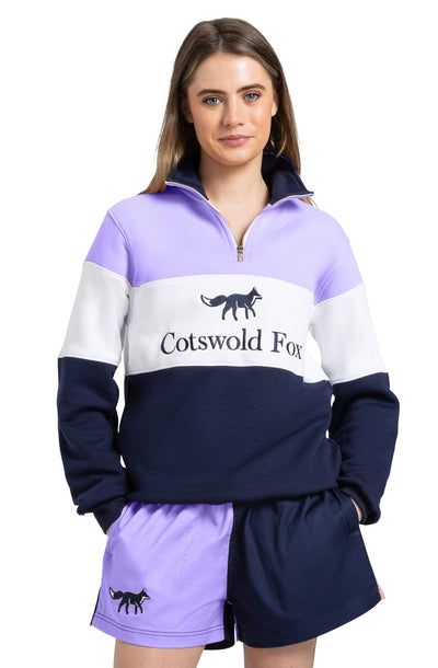 lilac, white and navy premium cotton women's quarter zip fleece jumper