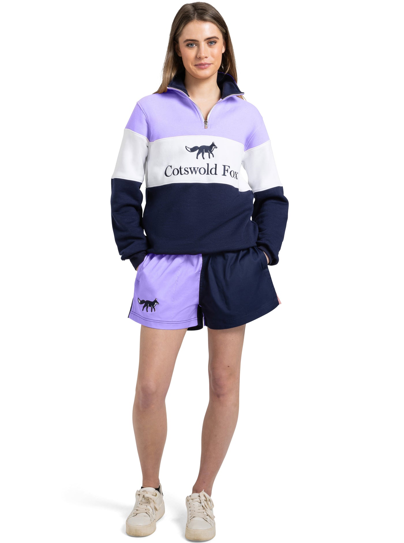 lilac and navy women's harlequin rugby cotton short shorts