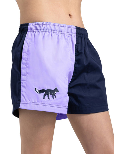 lilac and navy women's harlequin rugby cotton short shorts