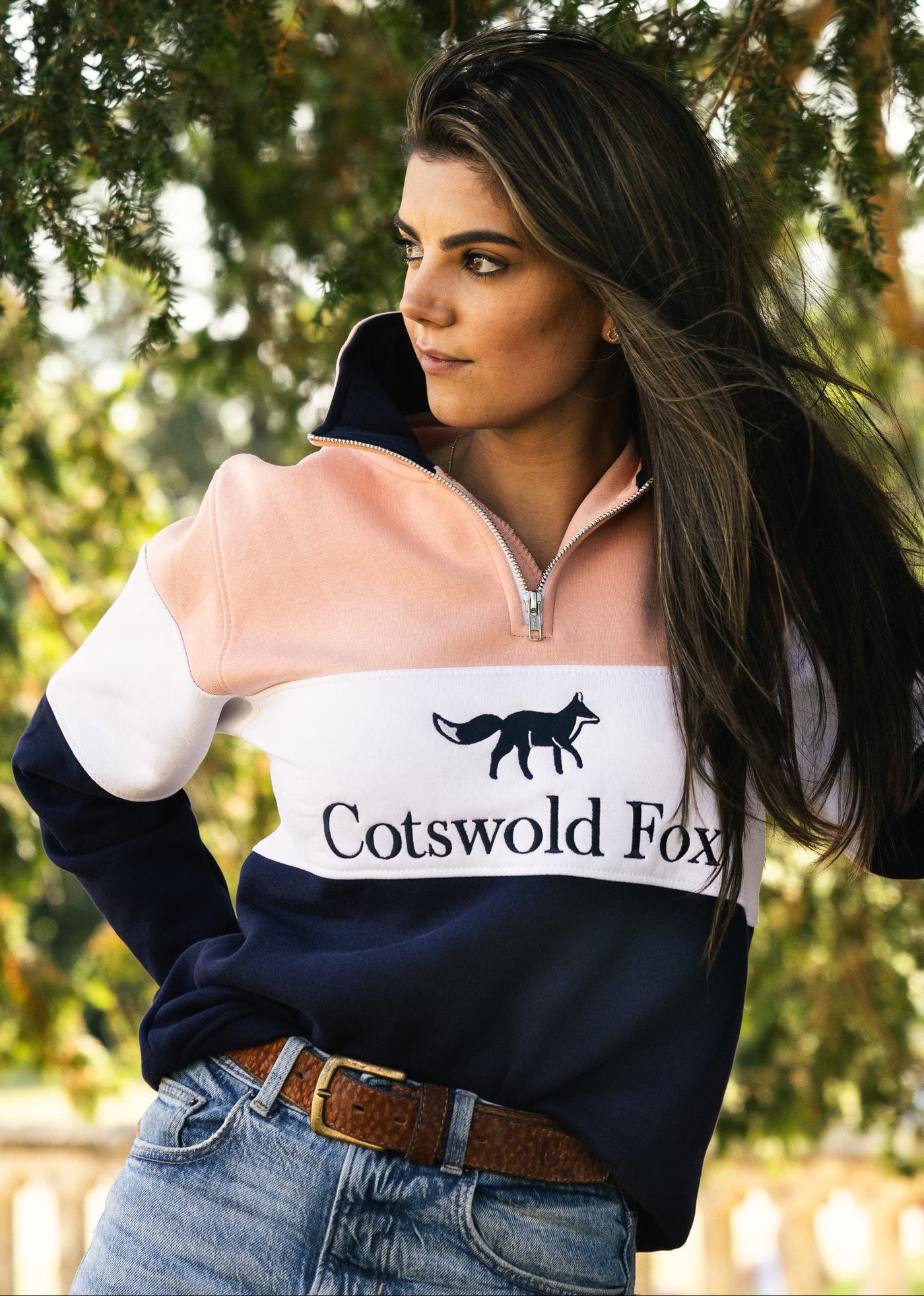 pink, white and navy colour block women's quarter zip fleece jumper