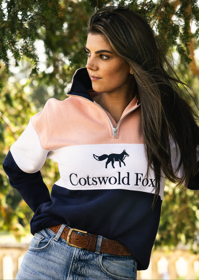 pink, white and navy colour block women's quarter zip fleece jumper