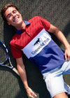 Cotswold Fox 100% organic cotton Cirencester polo top. Burgundy, white and navy blue unisex polo top with navy collar. 