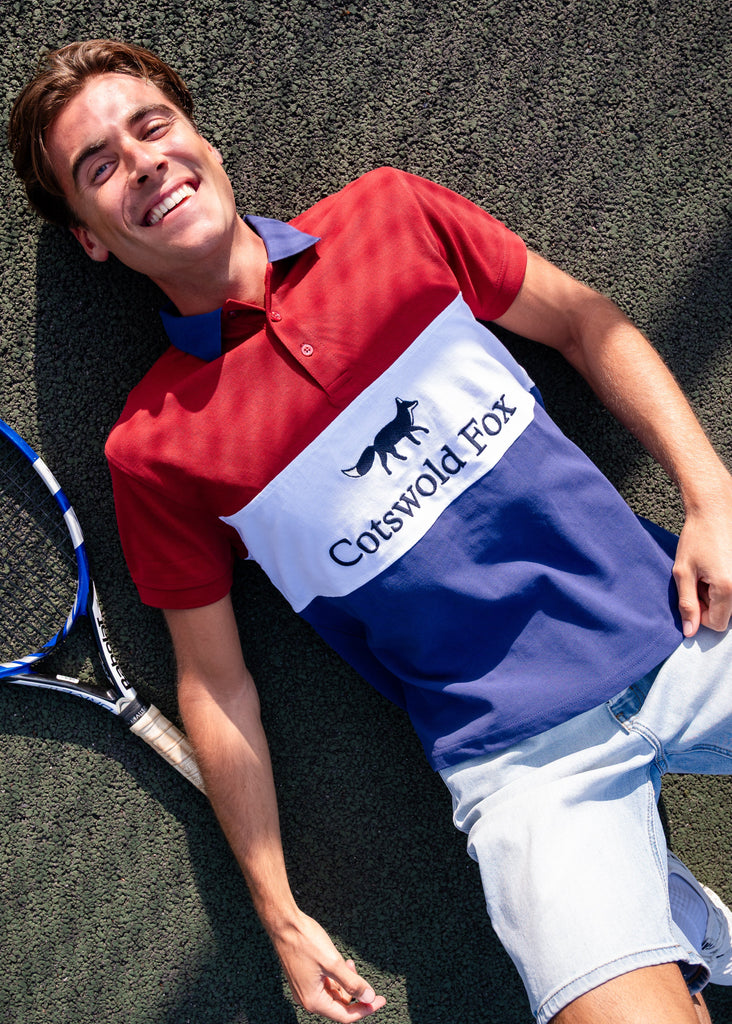 Cotswold Fox 100% organic cotton Cirencester polo top. Burgundy, white and navy blue unisex polo top with navy collar. 