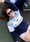 Cotswold Fox, Cornflower blue, white, navy blue fleece cotton quarter zip jumper for men and women. 