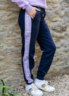 navy blue and lilac purple premium 
cotton women's jogging bottoms with cuffed ankles