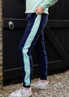 Navy and mint cotton women's premium cuffed long leg joggers.