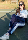 Cotswold Fox, navy blue, light blue fleece, cuffed cotton jogging bottoms with drawstring, for men and women. 