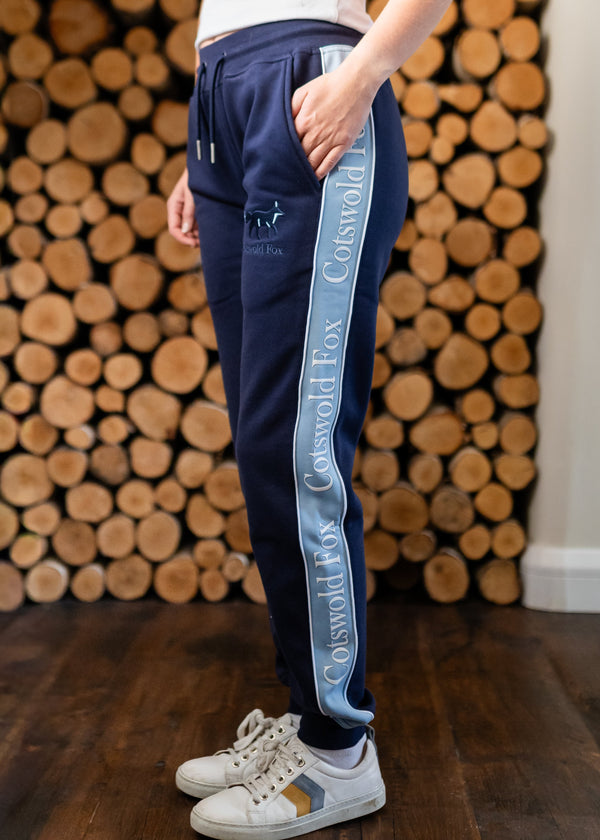 Cotswold Fox, navy blue, light blue fleece, cuffed cotton jogging bottoms with drawstring, for men and women. 