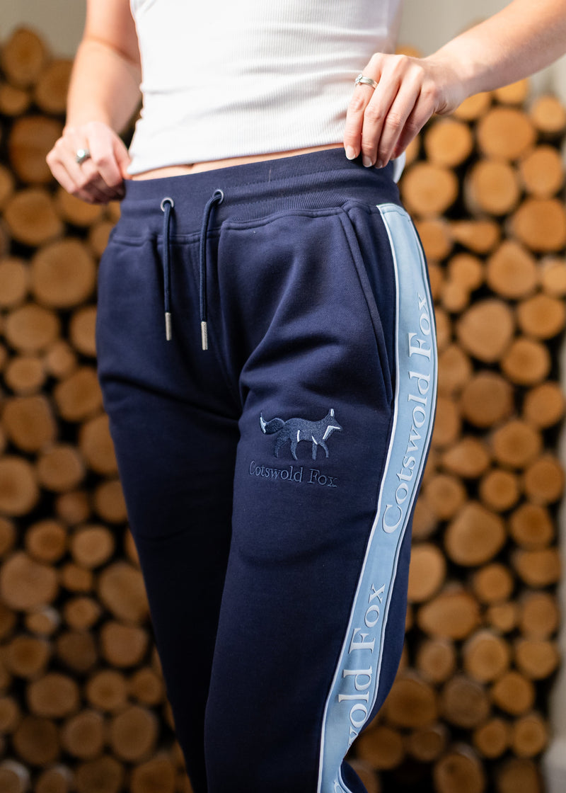 Cotswold Fox, navy blue, light blue fleece, cuffed cotton jogging bottoms with drawstring, for men and women. 