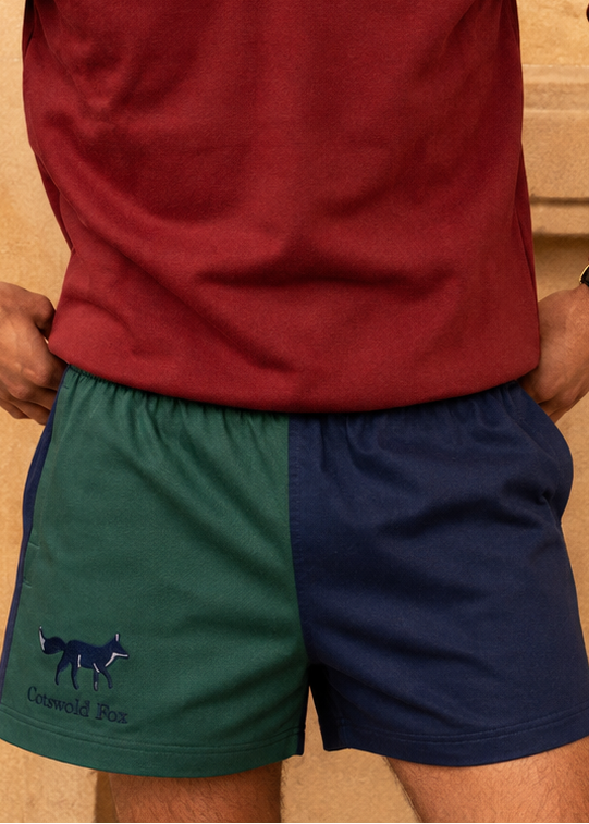 Cotswold Fox, navy blue, green unisex harlequin rugby shorts, 100% cotton. For men and women. 